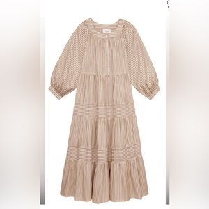 THE GREAT. Patio Tiered Swingy Blouson Maxi Dress in Cream Malt Stripe 1 Small